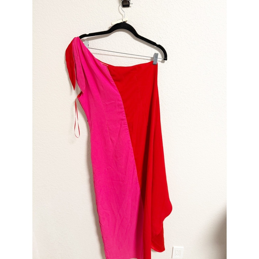Karlie Womens Asymmetrical One Shoulder Tie Colorblock Dress Red Pink Large - Picture 3 of 7